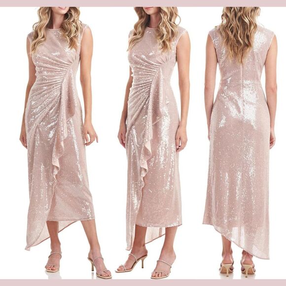 NEW $368 Kay Unger [ 4 ]‎ Carla Shirred Sequin Dress In Powder Blush Pink - Picture 1 of 14